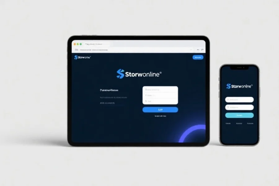 现代风格的界面上显示着风暴在线的登录页面，页面设计简洁明快，旁边有一部智能手机